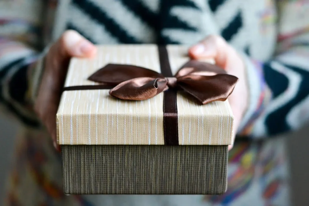 Close-up of a gift package with two hands holding it up